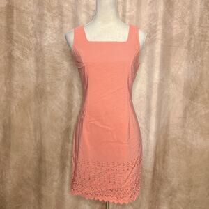 Vintage 90s Pink Floral Embroidered Eyelet Midi Shift Dress Square Neck Cottage